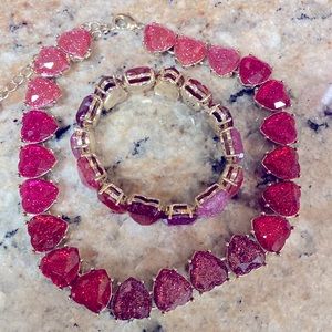 Betsey Johnson pink and red glitter hearts necklace and matching bracelet